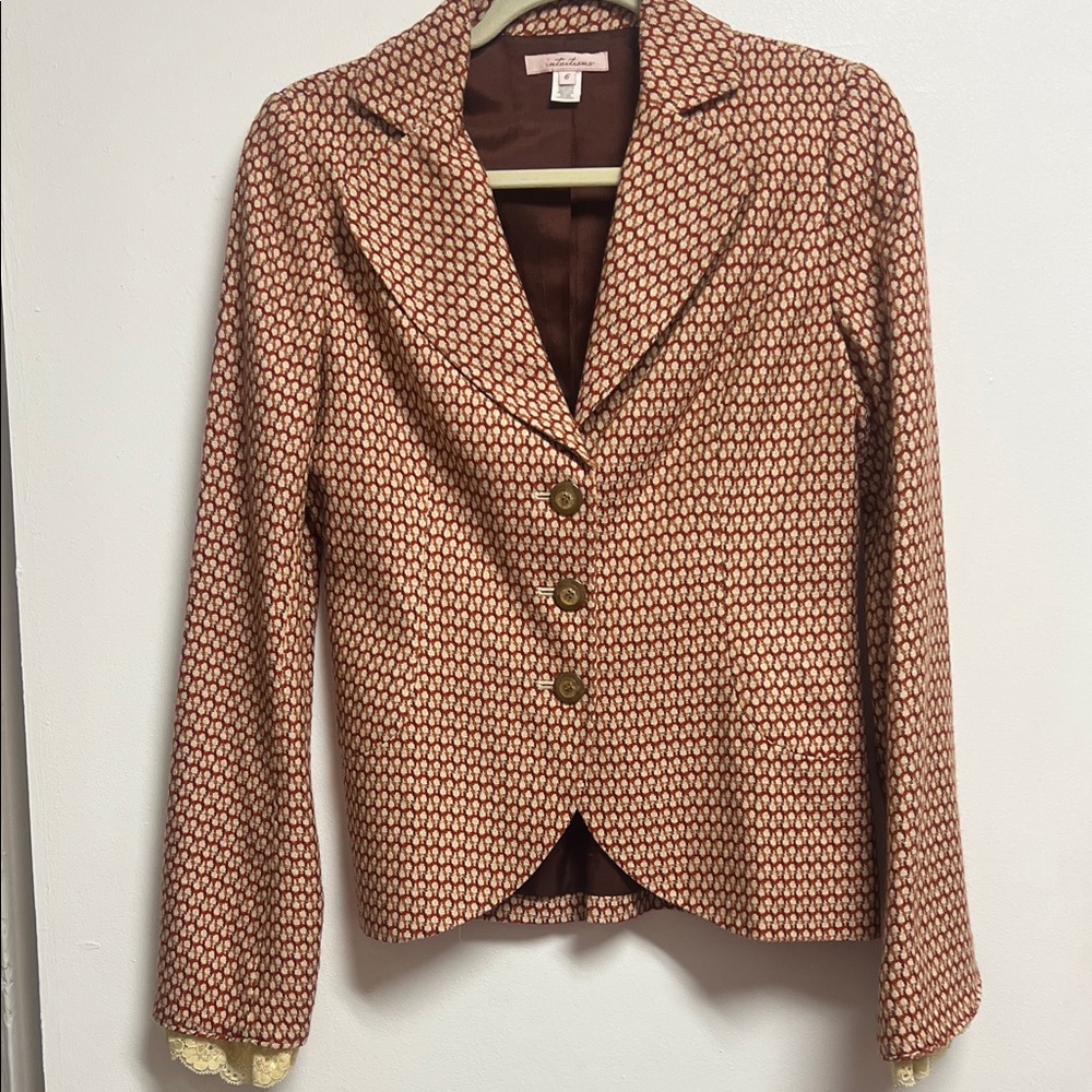 Vintage Rust Burgundy Cream Knit Jacket Lace Trim Patterned Blazer Medium